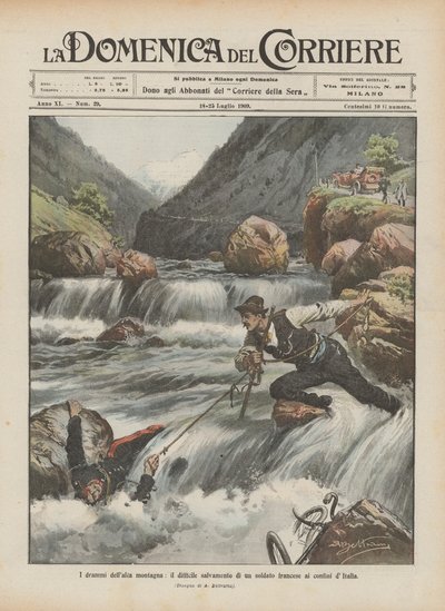高山のドラマ、イタリアとの国境にいるフランス兵の困難な救出 作： Achille Beltrame